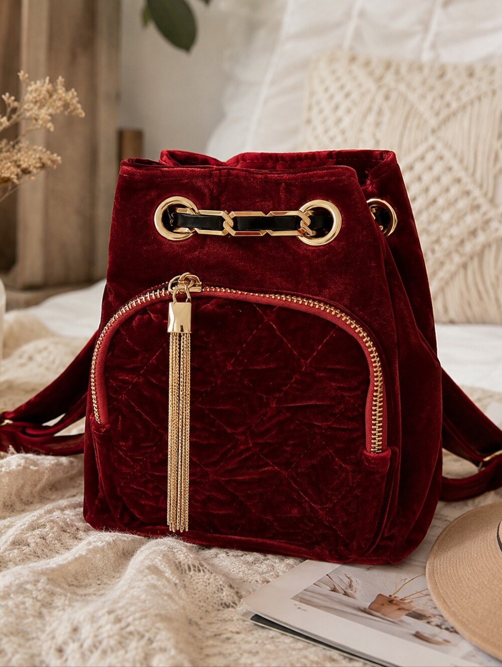 Free People Burgundy Velvet Backpack Bag Quilted Pocket Gold Hardware Tassel